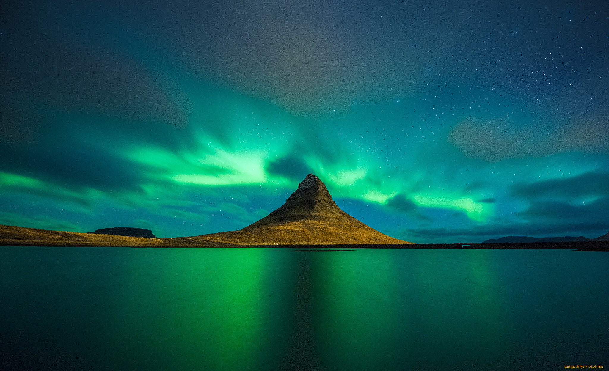 ,  , iceland, reflection, aurora, borealis, kirkjufell, 